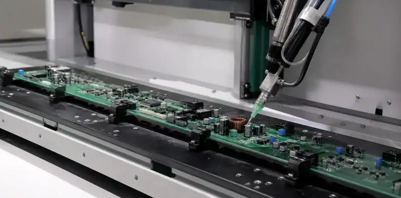 Stable support and controlled pass overlap improve large PCB conformal coating coverage.