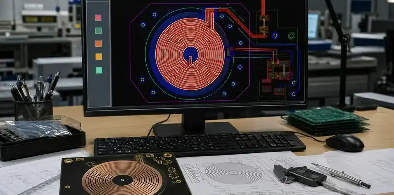 A PCB coil design CAM review screen marks trace spacing, mask opening, and via questions before production.