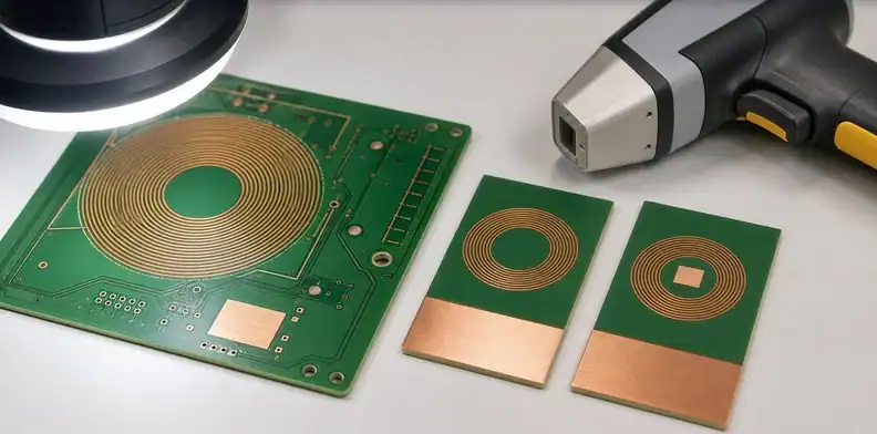 A PCB coil design sample shows copper-weight comparison and exposed finish pads under inspection lighting.