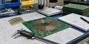A controlled PCB coil design review scene shows a spiral copper board, stack-up sheet, and inspection notes on an engineering bench.
