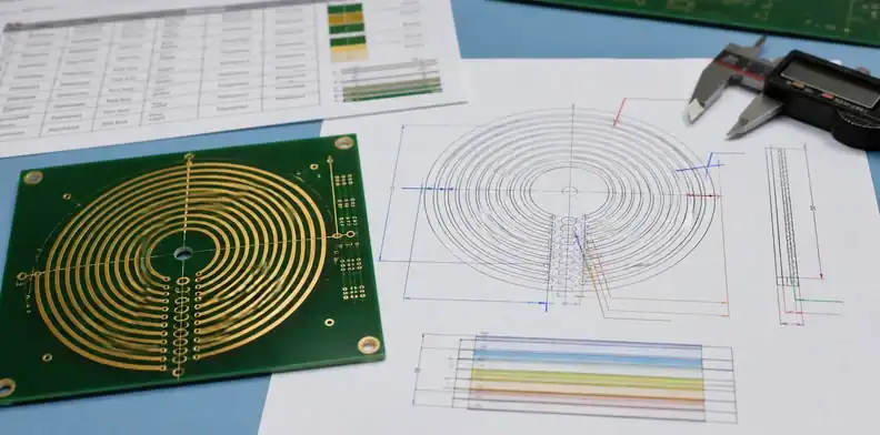 A PCB coil design drawing highlights spiral width, spacing, diameter, vias, and copper thickness for RFQ review.