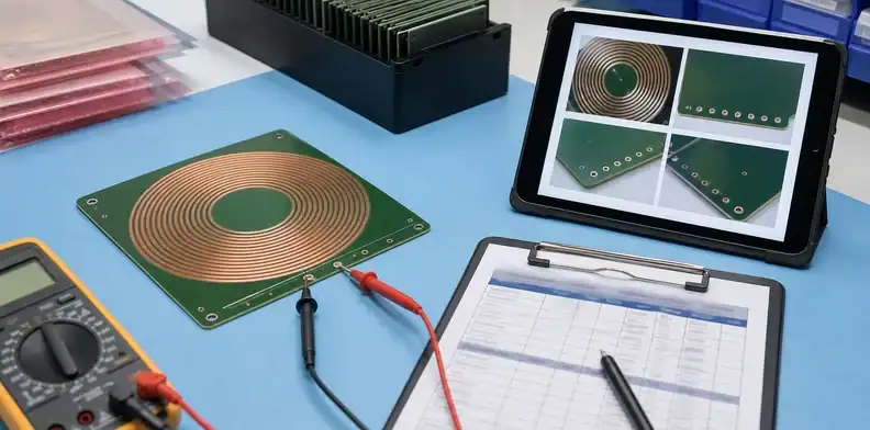 A PCB coil design inspection package shows a finished spiral board, resistance check points, and receiving evidence.