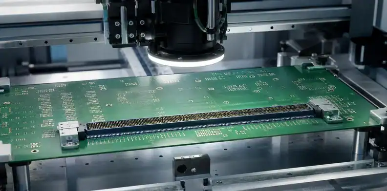 Local fiducials support precise placement for large PCB connector alignment after reflow.