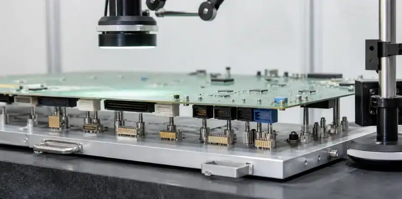 A functional gauge verifies large PCB connector alignment on the first assembled article.
