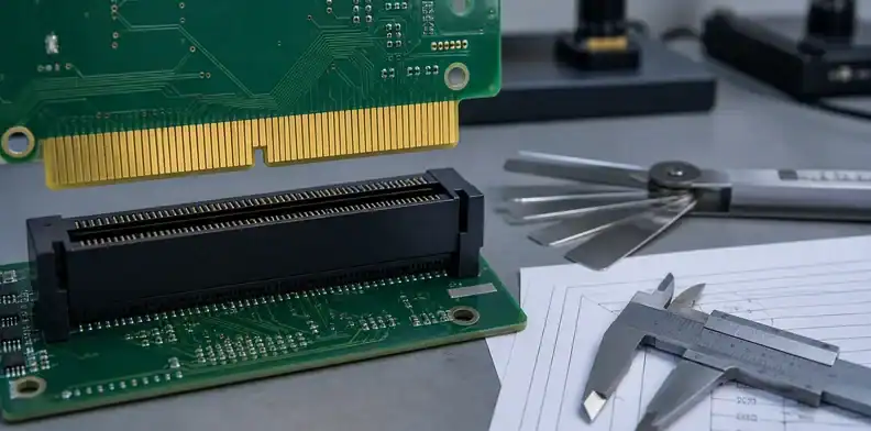 A card-edge connector setup shows pcb gold finger plating acceptance for bevel and insertion fit.