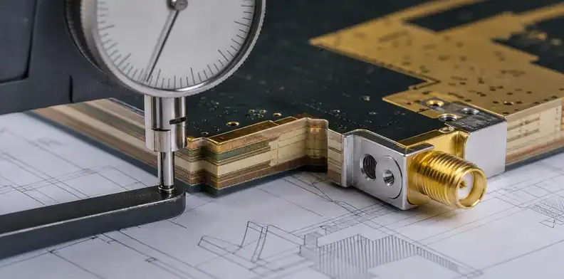A connector drawing and stackup model show how RF edge launch PCB thickness is matched