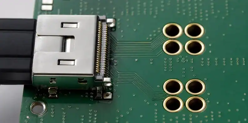 Connector and via transitions are modeled for large PCB signal integrity.