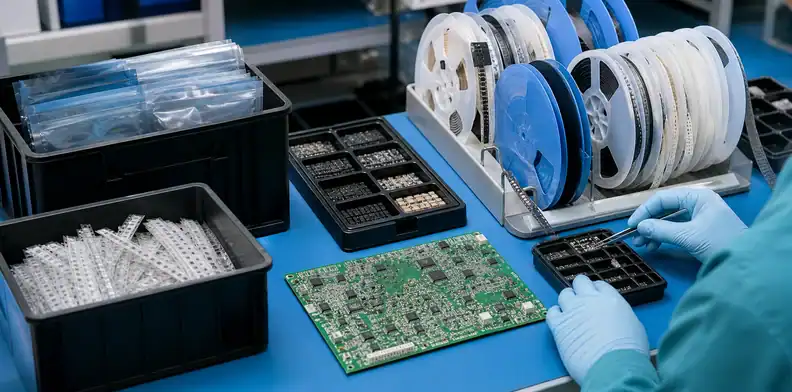 consigned component attrition planning with reels, cut tape, trays, spare markers, and PCBA sample