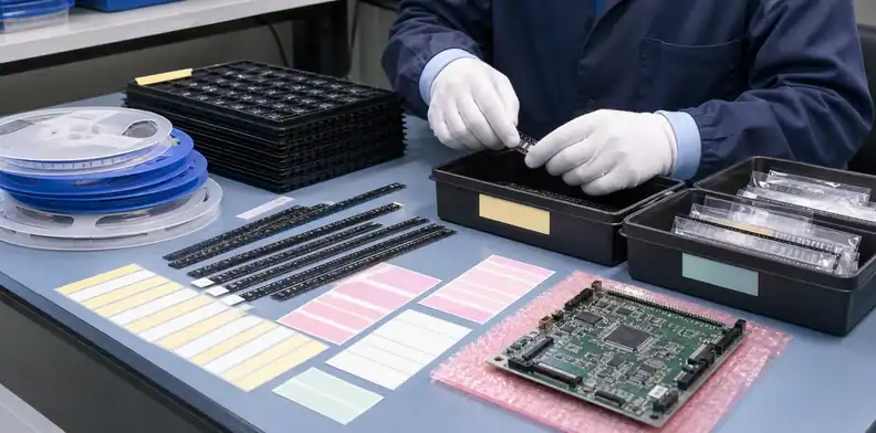 consigned component attrition shortage and traceability review with incoming parts, lot bins, and PCBA sample