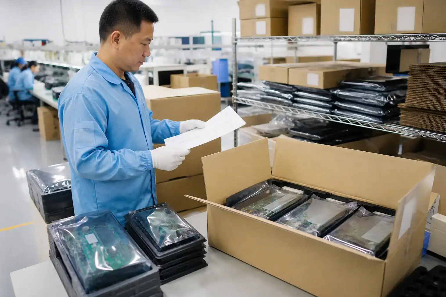 PCB assemblies packed in anti-static bags for international shipping