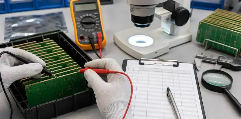 Continuity probes and inspection sheets show pcb edge plating acceptance sampling evidence.