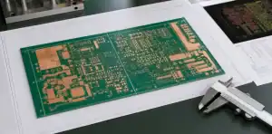 A PCB copper balance review scene shows a flat board, copper-density features, calipers, and CAM release documents.