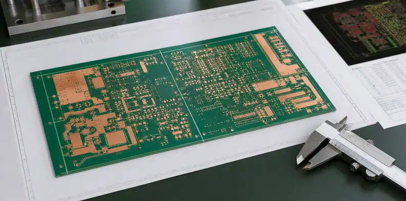 A PCB copper balance review scene shows a flat board, copper-density features, calipers, and CAM release documents.