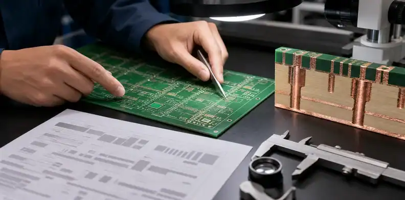 A copper section sample and PCB panel show high precision PCB copper and etch-margin review.