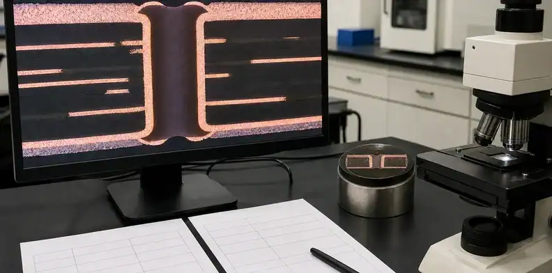 A plated hole microsection shows copper evidence for hybrid PCB desmear plating release