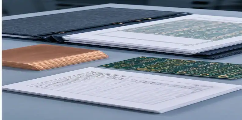 A PCB copper balance RFQ package shows panel drawings, copper samples, board revision records, and supplier review files.