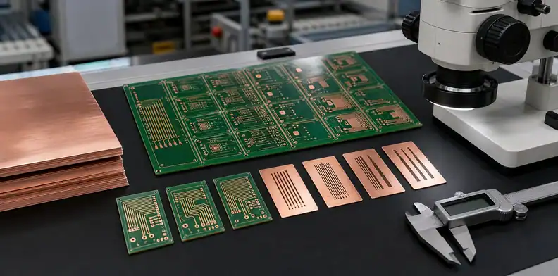 Copper foils and trace coupons show pcb drc vs dfm effects from copper weight and etch compensation.