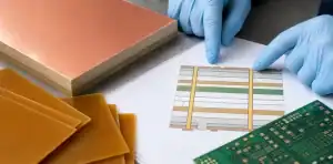 An engineering scene for core vs prepreg showing copper-clad core and prepreg in a multilayer stack-up.