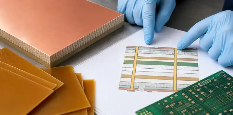 An engineering scene for core vs prepreg showing copper-clad core and prepreg in a multilayer stack-up.