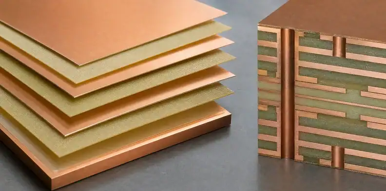 An engineering scene for core vs prepreg showing core and prepreg sheets prepared for lamination.