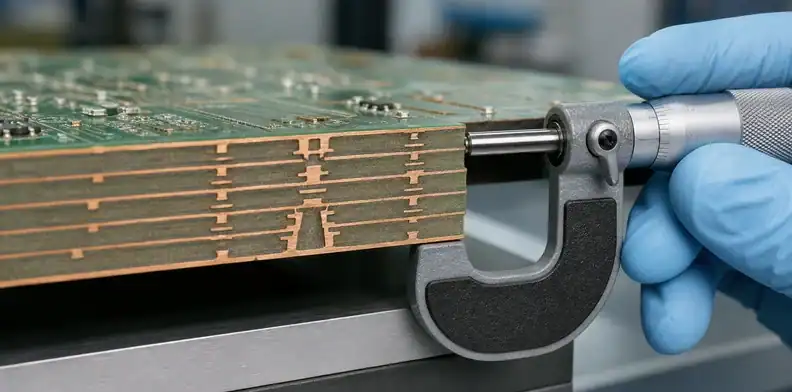 An engineering scene for core vs prepreg showing pressed dielectric thickness in a PCB cross-section.