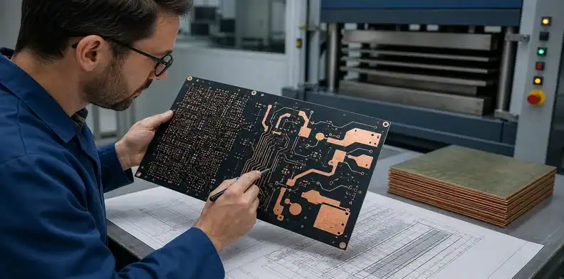 An engineering scene for core vs prepreg showing copper distribution and a lamination review.