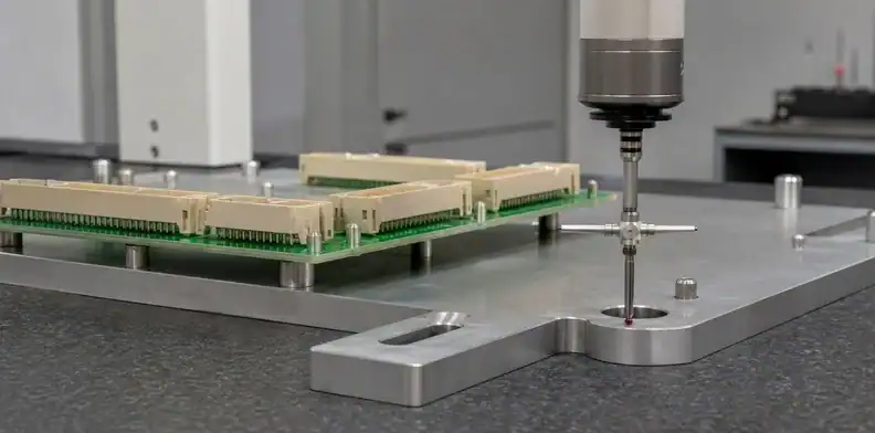 Datum features and CMM measurement build the large PCB connector alignment tolerance stack.