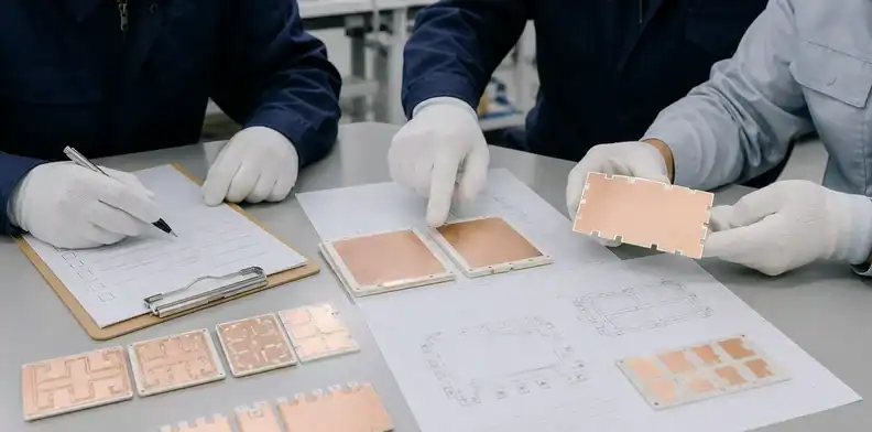Power electronics team comparing DBC and AMB ceramic substrate samples during how to choose ceramic pcb manufacturer review