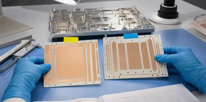 Gloved hands compare DBC and AMB ceramic pcb for igbt sic power modules on a lab bench.