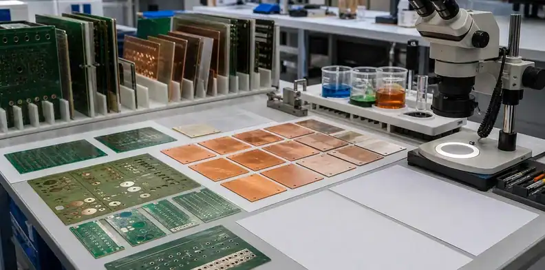 A process review bench shows drilled hybrid PCB samples and plating evidence for hybrid PCB desmear plating control