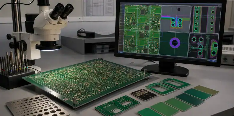A CAM review bench shows pcb drc vs dfm process checks for drilling, solder mask, and panelization.