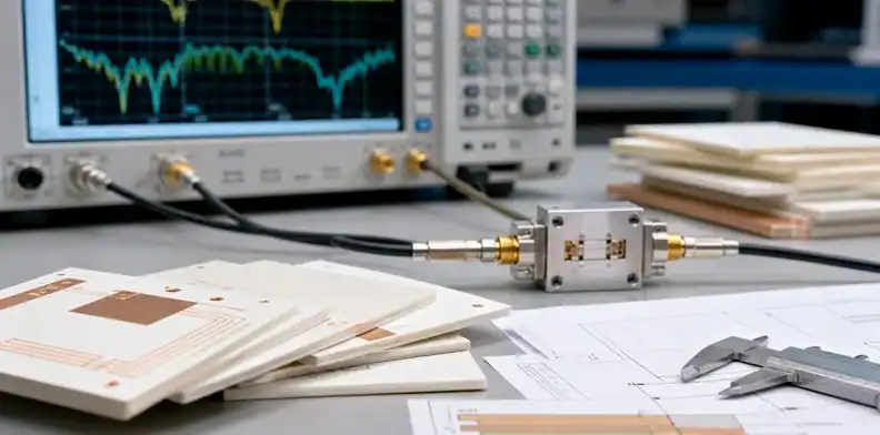 An RF engineering bench reviews ceramic pcb dielectric constant with ceramic samples and test fixtures.
