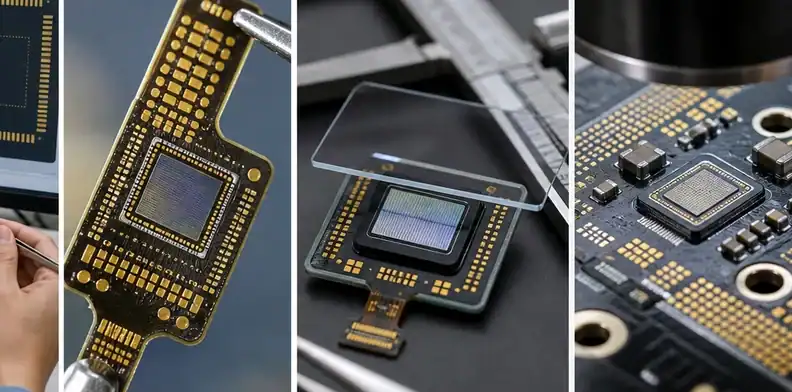 Cover glass and calipers show BT PCB for fingerprint sensor module height review.