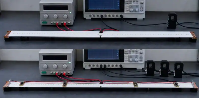 Distributed feeds and local current control improve long LED PCB board brightness consistency.