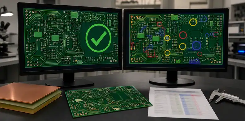 A PCB engineering workstation shows pcb drc vs dfm review with rule overlays, a board sample, and fabrication notes.