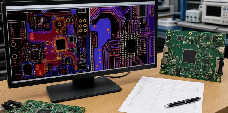 A CAD screen and board sample show pcb drc vs dfm differences between software rules and physical review.
