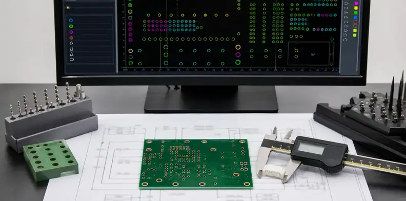 A drill map and calipers show ai pcb gerber review for NC data and unit matching.