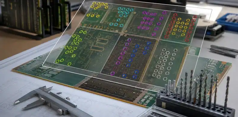 An engineer maps critical drilled hole groups before hybrid PCB desmear plating review