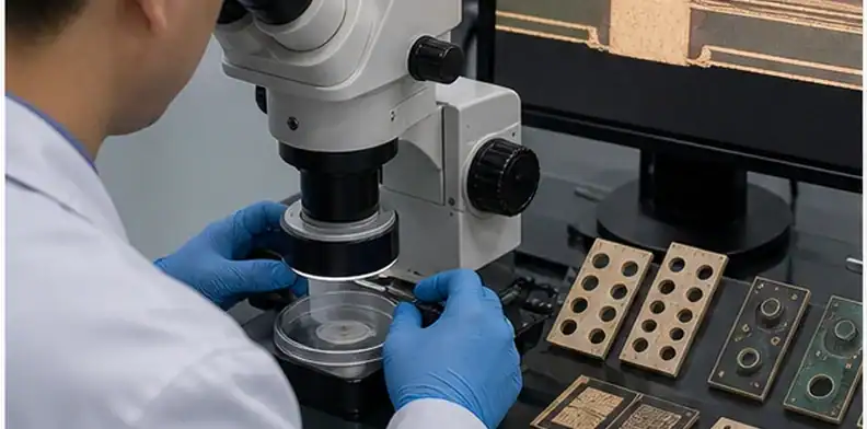 Technician reviewing drilling and desmear evidence after hybrid PCB lamination