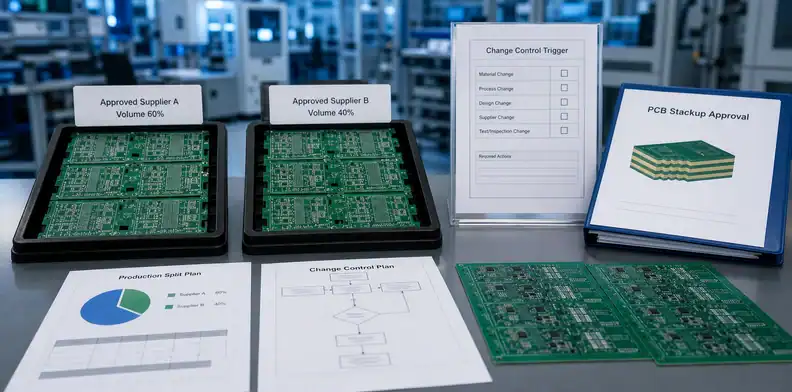 dual source PCB supplier dual-source production split record with change-control triggers