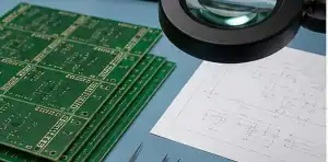 An inspection bench shows PCB edge burr acceptance review with routed boards, magnification, and mechanical drawings.