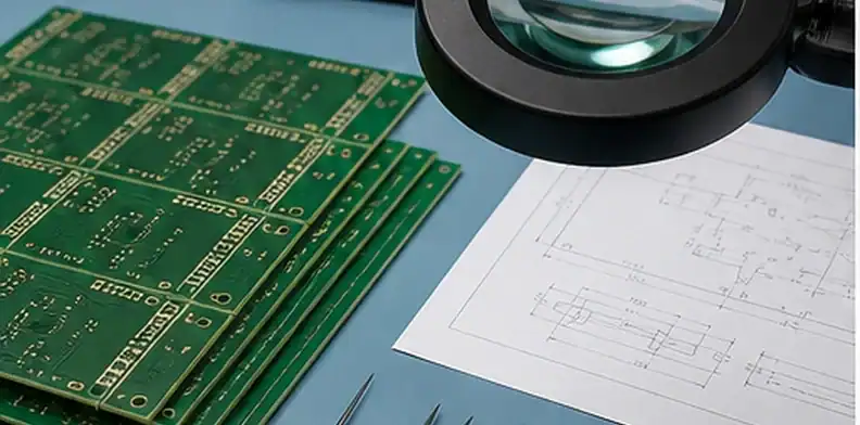 An inspection bench shows PCB edge burr acceptance review with routed boards, magnification, and mechanical drawings.