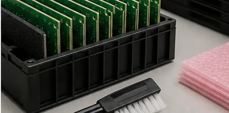 A handling and packaging scene shows PCB edge burr control with separators, clean trays, and routed boards.