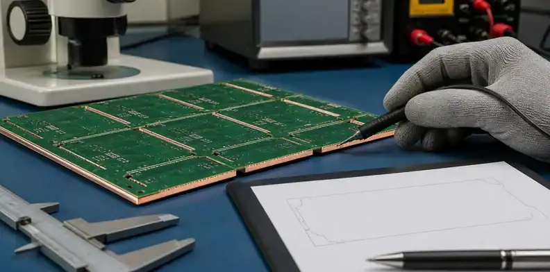 A continuity probe checks pcb edge plating acceptance on a copper-plated board edge.
