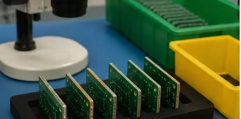 An incoming inspection setup shows PCB edge burr photos, scale tools, and routed-edge samples.