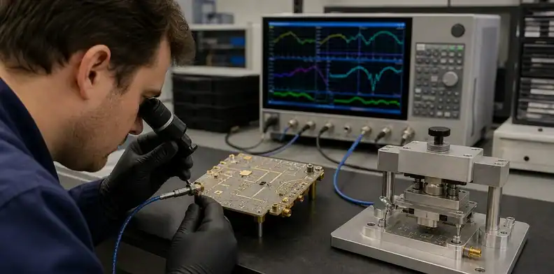First-lot fit and RF testing verify RF edge launch PCB thickness before production