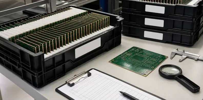 Protected ESD trays show pcb edge plating acceptance for final-edge packing and release.