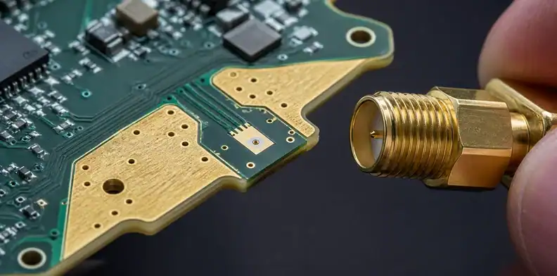 A routed and plated board edge preserves RF edge launch PCB thickness and transmission geometry
