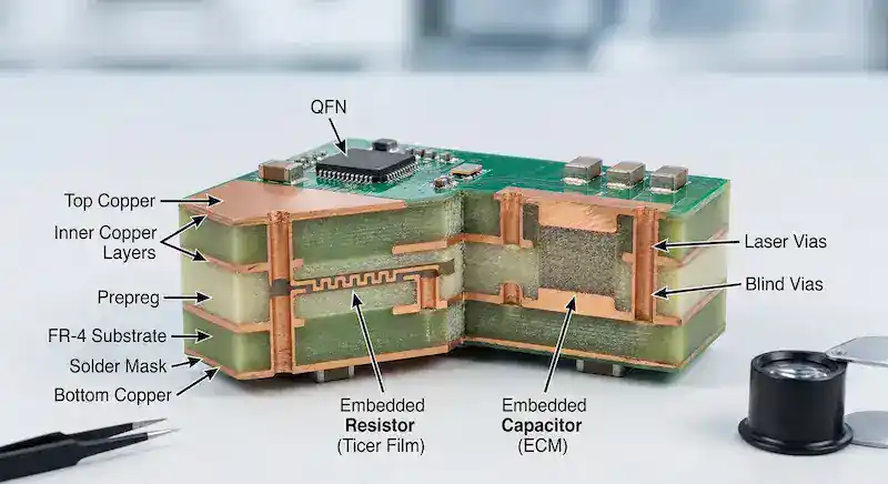 Multilayer embedded components PCB cross-section with buried resistors and capacitors