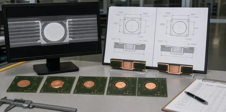 X-ray, drawings, and lot coupons support embedded copper coin PCB acceptance and quote comparison.